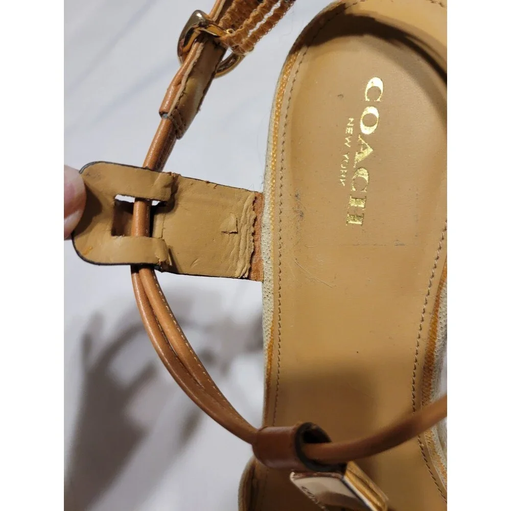 Coach Women's Beige Tan Leather Wedge Sandals Ankle Strap Buckle 9.5 B